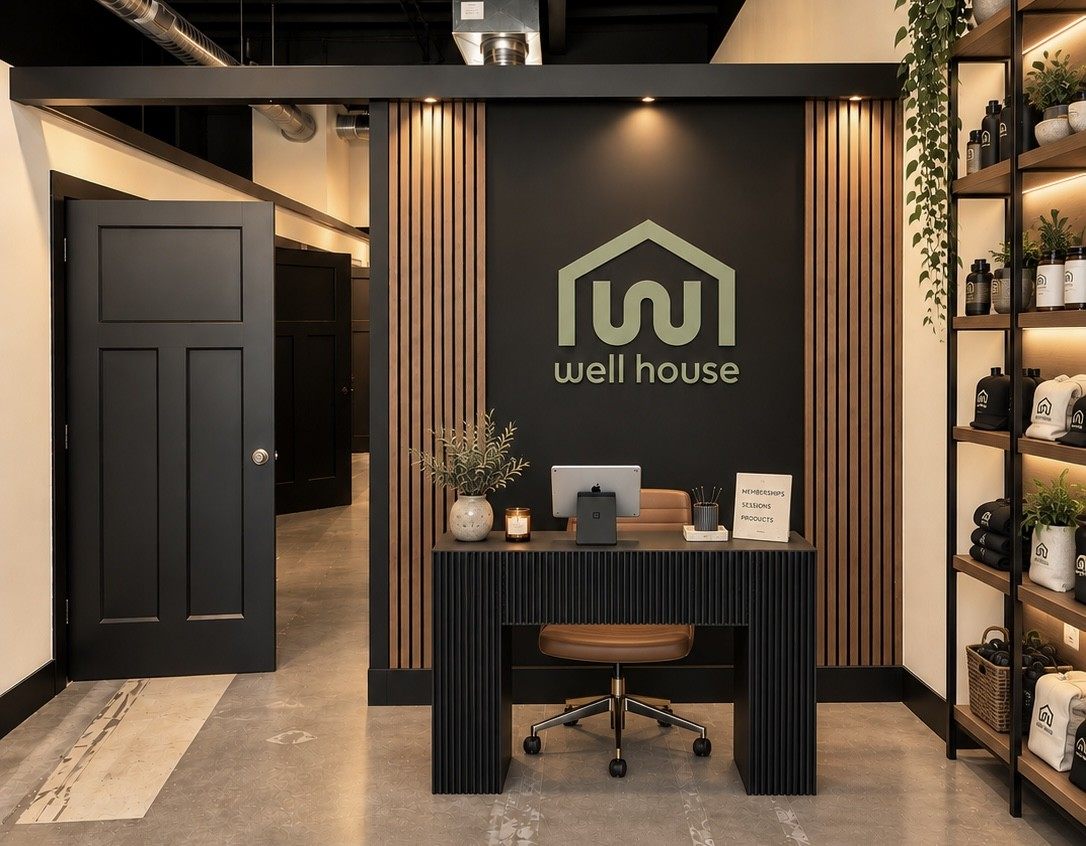 Well House front desk with the Well House logo on the wall